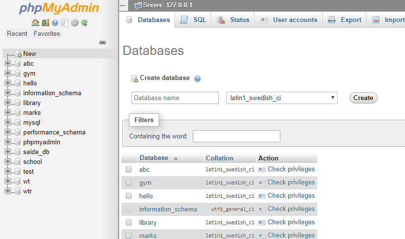 PhpMyAdmin MySQL Interface Create New Database