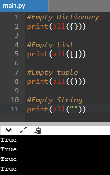 Python Built In Function All() Return Value For Empty Iterables Example