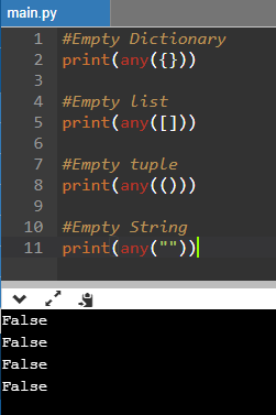 Python Any() Function Empty Iterables Example