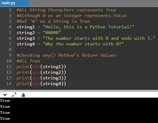 Python Any() Function Provided String Arguments Example